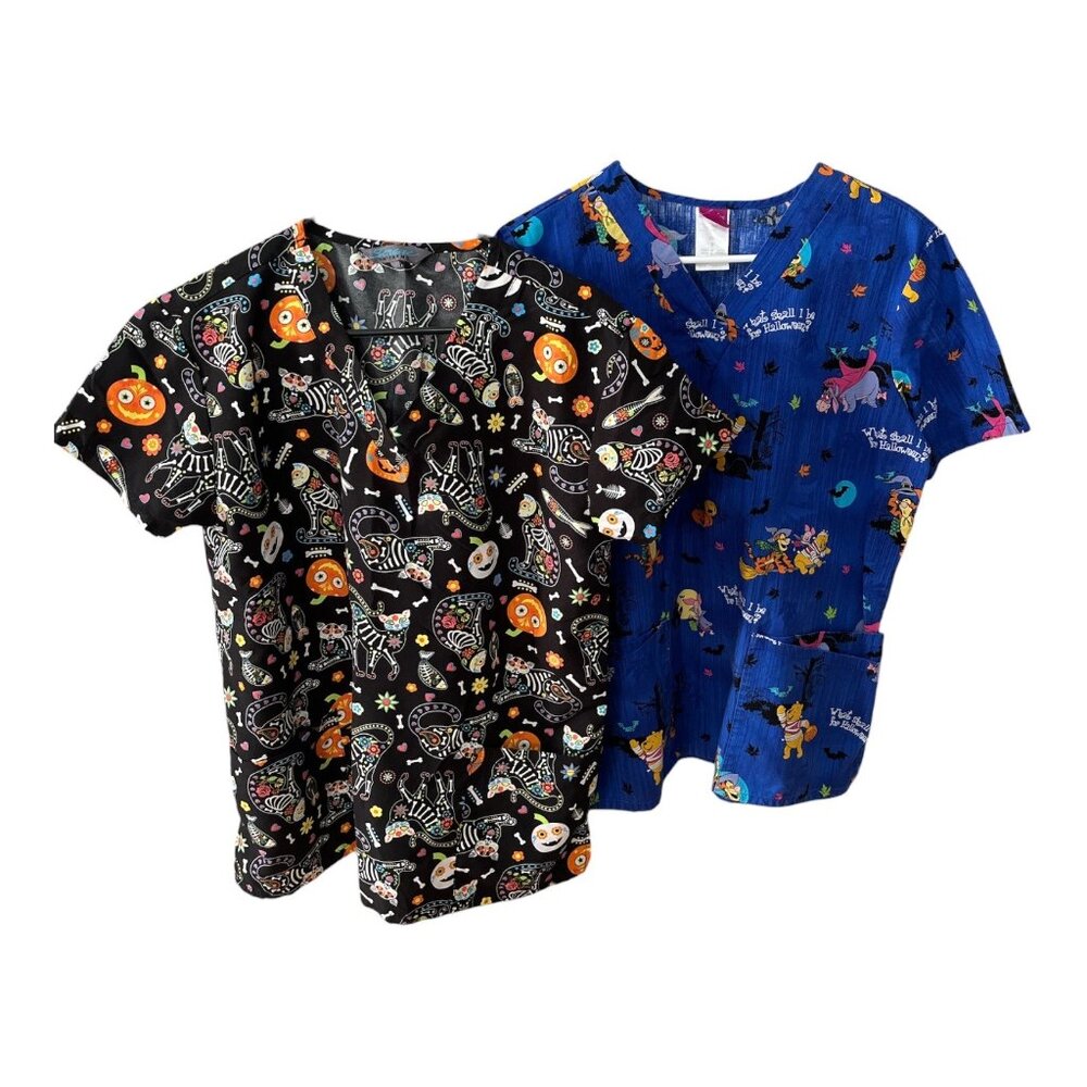 2 Women’s Scrub Tops Size Small Halloween Cat Print & Disney Winnie the Pooh